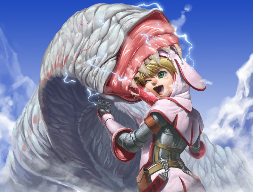 belt, blonde_hair, bunny_hood, bunny_suit, capelet, crow_(torigoya), elbow_pads, female