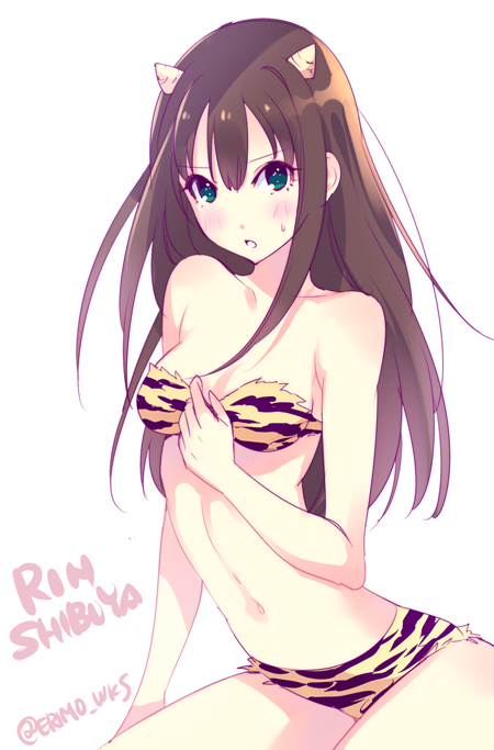 1girl, bare_shoulders, bikini, brown_hair, character_name, cosplay, green_eyes, horns