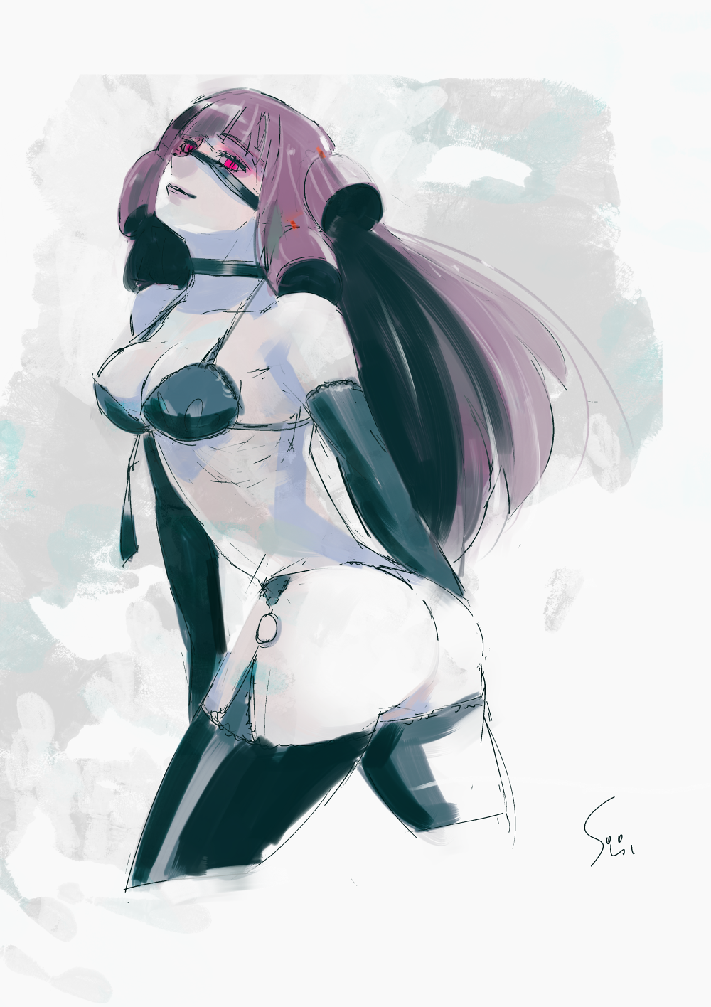 1girl, ass, black_bra, black_gloves, black_legwear, black_panties, bra, breasts