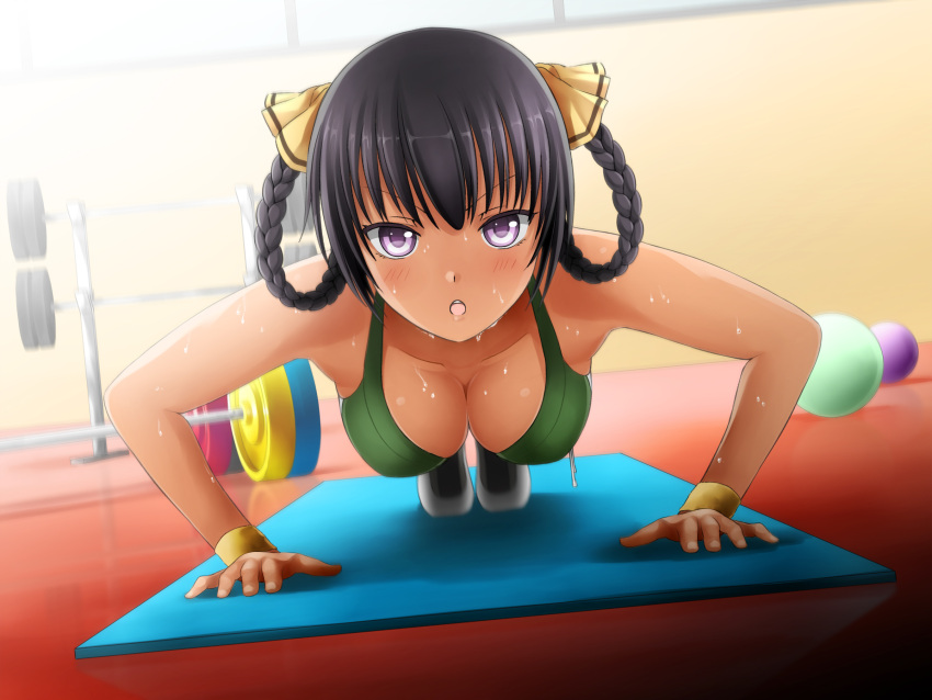 1girl, ball, black_hair, blush, braid, breasts, cleavage, dark_skin