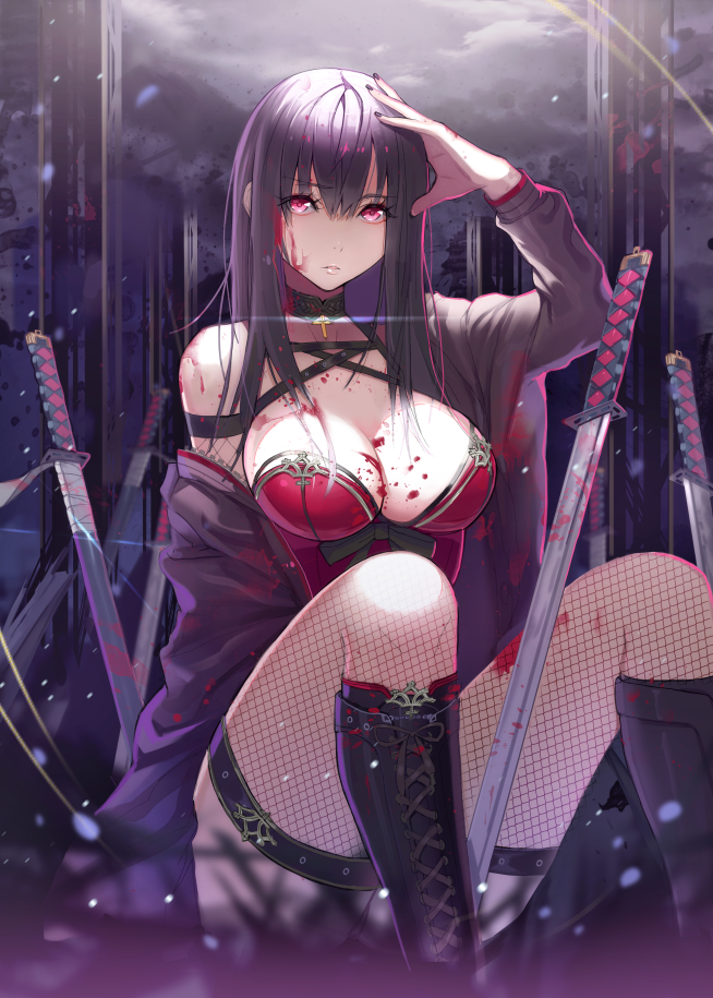 1girl, blood, boots, breasts, choker, cleavage, corset, fishnet_legwear