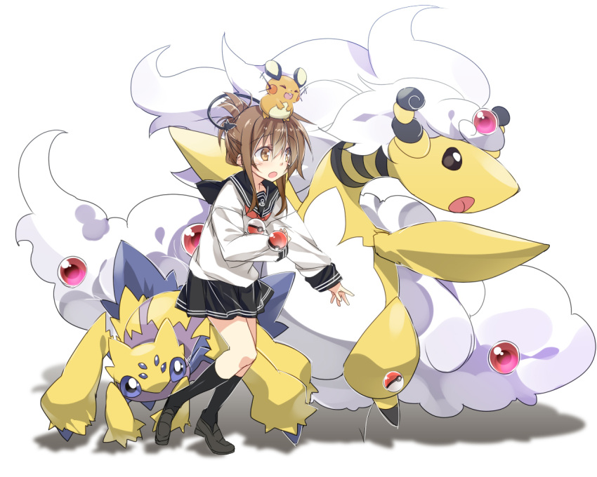 >_<, 1girl, :d, :o, ampharos, anchor_symbol, black_legwear, black_skirt