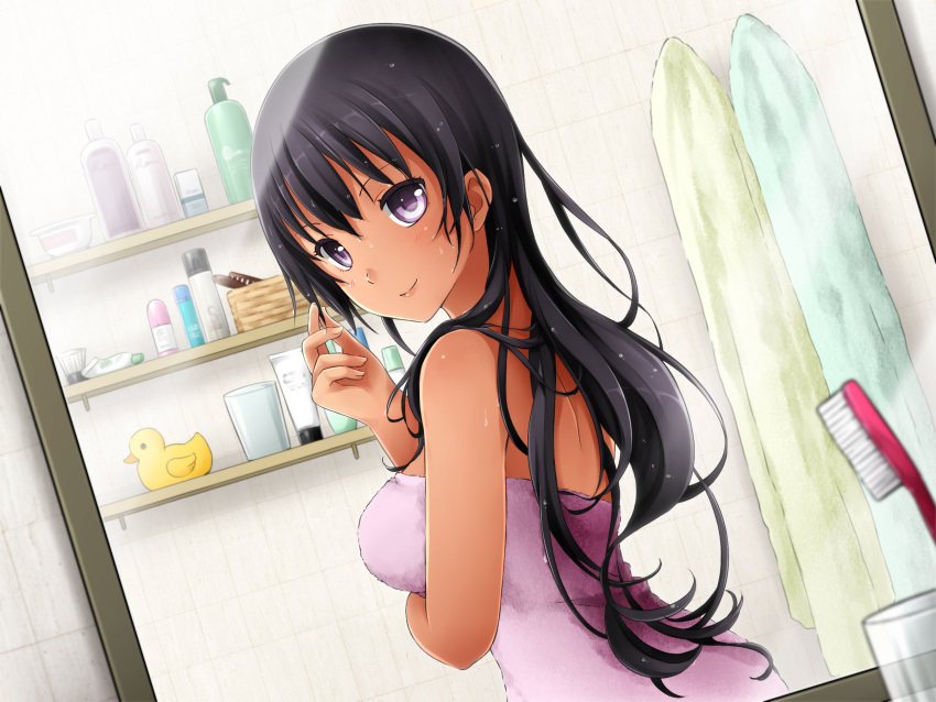 1girl, adjusting_hair, bathroom, black_hair, blue_towel, breast_hold, breasts, dark_skin