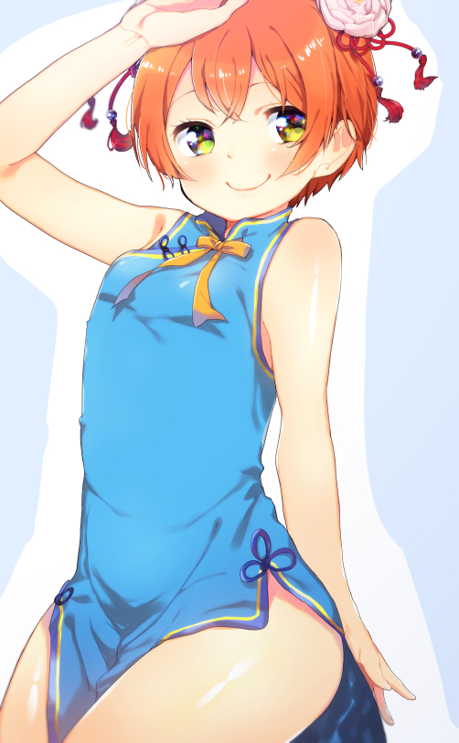 1girl, china_dress, chinese_clothes, double_bun, hoshizora_rin, love_live!_school_idol_project, mofun, orange_hair, short_hair, smile, solo, yellow_eyes