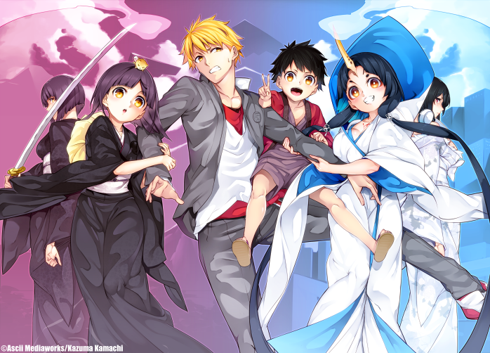 aoandaon, hafuri_(intelli_village), intelli_village_no_zashiki-warashi, japanese_clothes, jinnai_shinobu, kimono, nanao_(mahaya), yukata