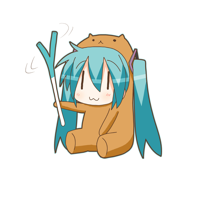 :3, animal_costume, bear_costume, bear_tsukasa, capybara-san, chibi, chibi_miku, costume, hatsune_miku, lucky_star, minami_(colorful_palette), parody, simple_background, sitting, solo, spring_onion, twintails, vocaloid, |_|