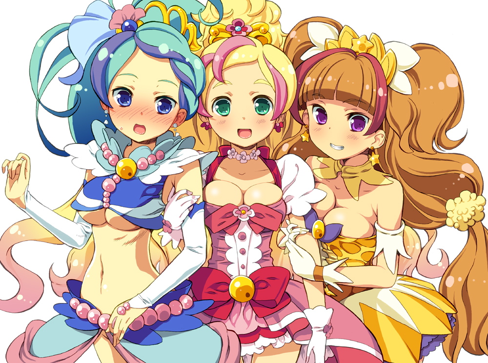 3girls, :d, amanogawa_kirara, bare_shoulders, blonde_hair, blue_eyes, blue_hair, blush