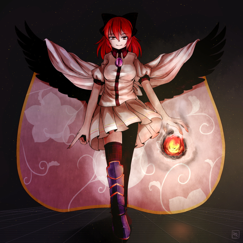 1girl, alternate_color, alternate_hair_color, alternate_hair_length, alternate_hairstyle, asymmetrical_legwear, black_wings, bow