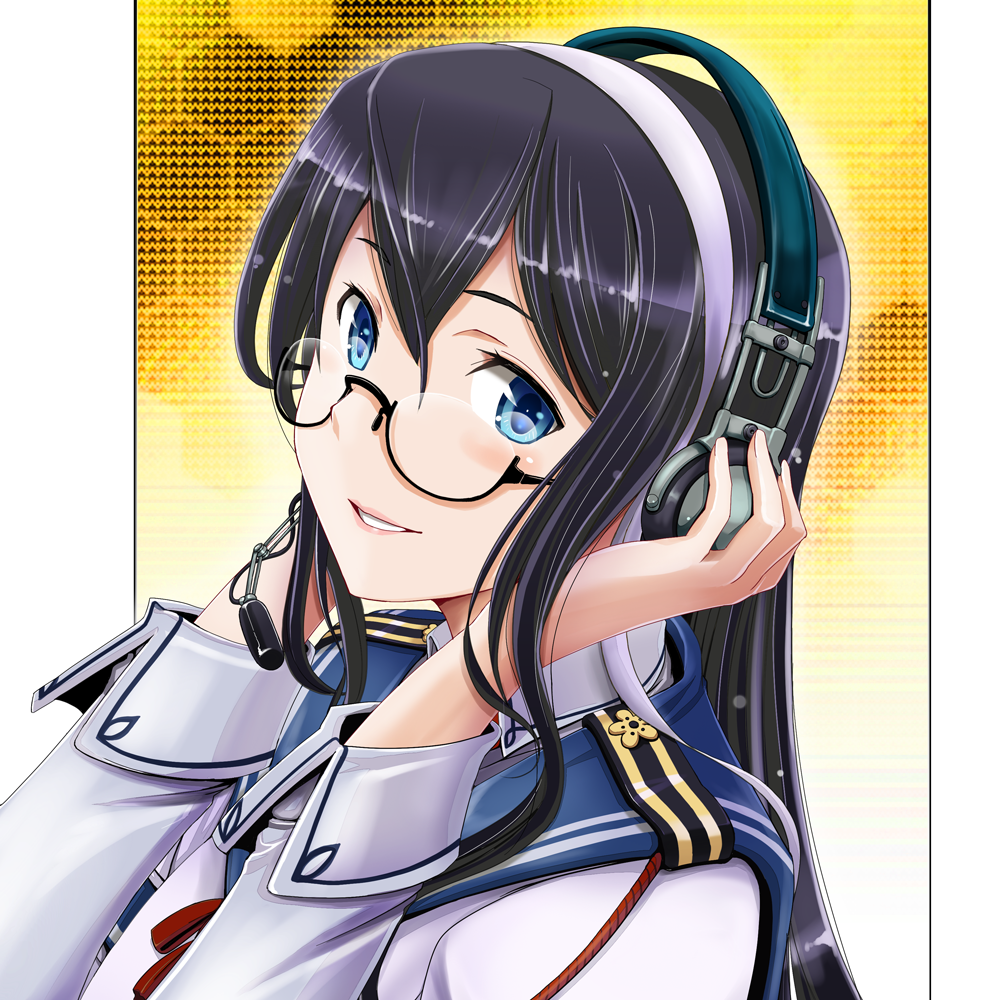 1girl, black-framed_glasses, black_hair, blue_eyes, glasses, hairband, hands_on_headphones, headphones