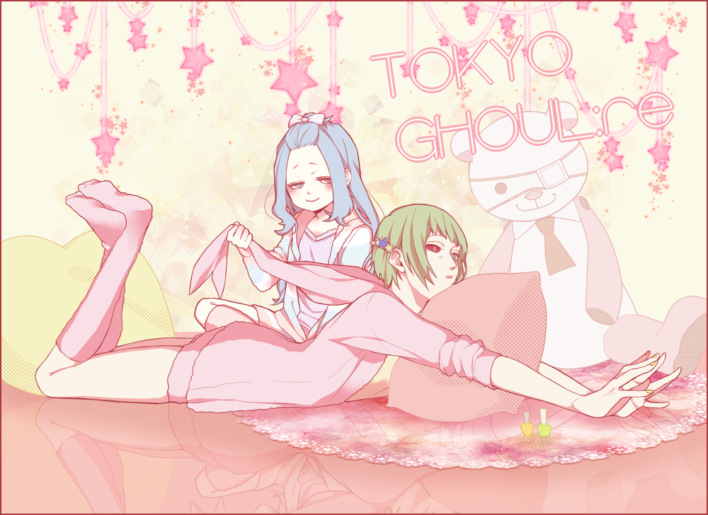 2girls, alternate_hairstyle, bangs_pinned_back, blue_eyes, blue_hair, blush, bow, copyright_name