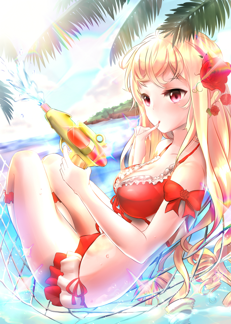 1girl, :o, arm_ribbon, bikini, blonde_hair, bloom, bow, breasts