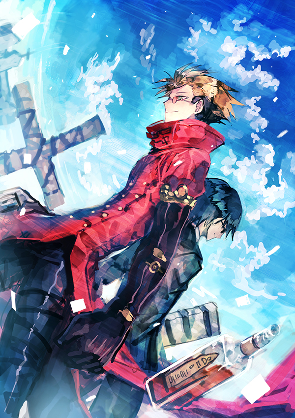 2boys, 369minmin, alcohol, black_hair, blonde_hair, bottle, clouds, dutch_angle