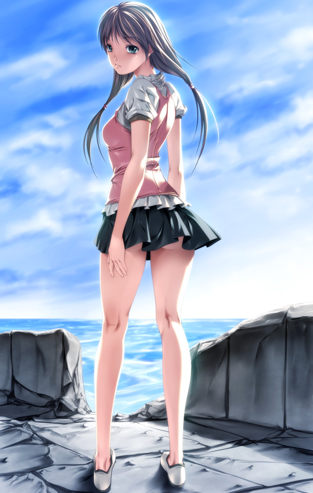bad_id, blue_eyes, brown_hair, camisole, cloud, clouds, knee_pit, kneepits
