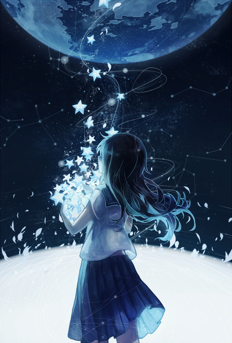 1girl, black_hair, blue, commentary, constellation, dark, domik, earth, from_behind, light, light_particles, long_hair, original, scenery, school_uniform, serafuku, solo, star, wind