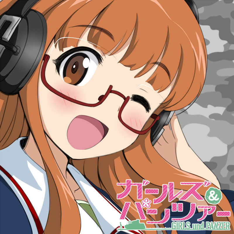 1girl, blush, close-up, copyright_name, face, girls_und_panzer, glasses, hand_on_headphones, headphones, jacket, long_hair, looking_at_viewer, military, military_uniform, niyang53, one_eye_closed, open_mouth, orange_eyes, orange_hair, red-framed_glasses, semi-rimless_glasses, smile, solo, takebe_saori, under-rim_glasses, uniform, wink