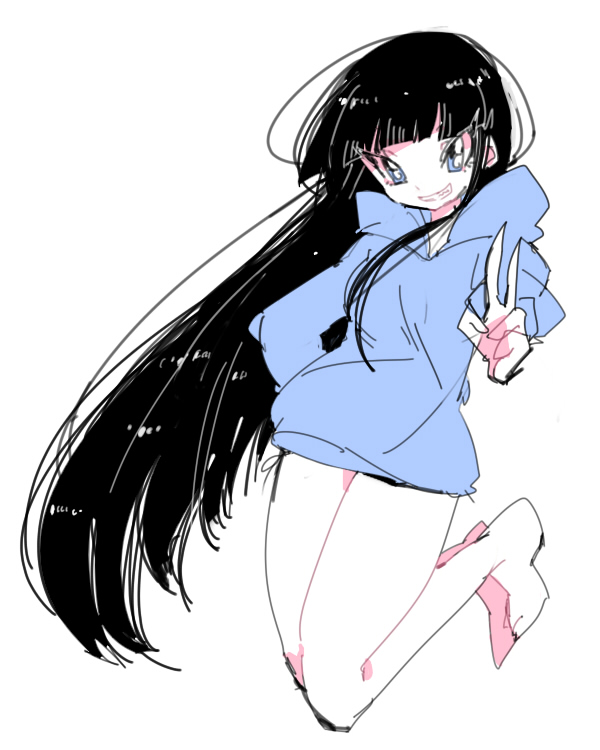 1girl, aano_(10bit), black_hair, blue_eyes, blue_shirt, hand_in_pocket, hime_cut, hoodie, jumping, legs, long_hair, looking_at_viewer, naishi-chan, no_legwear, no_pants, original, panties, shirt, side-tie_panties, simple_background, sketch, solo, thighs, tsurime, underwear, v, very_long_hair, white_background