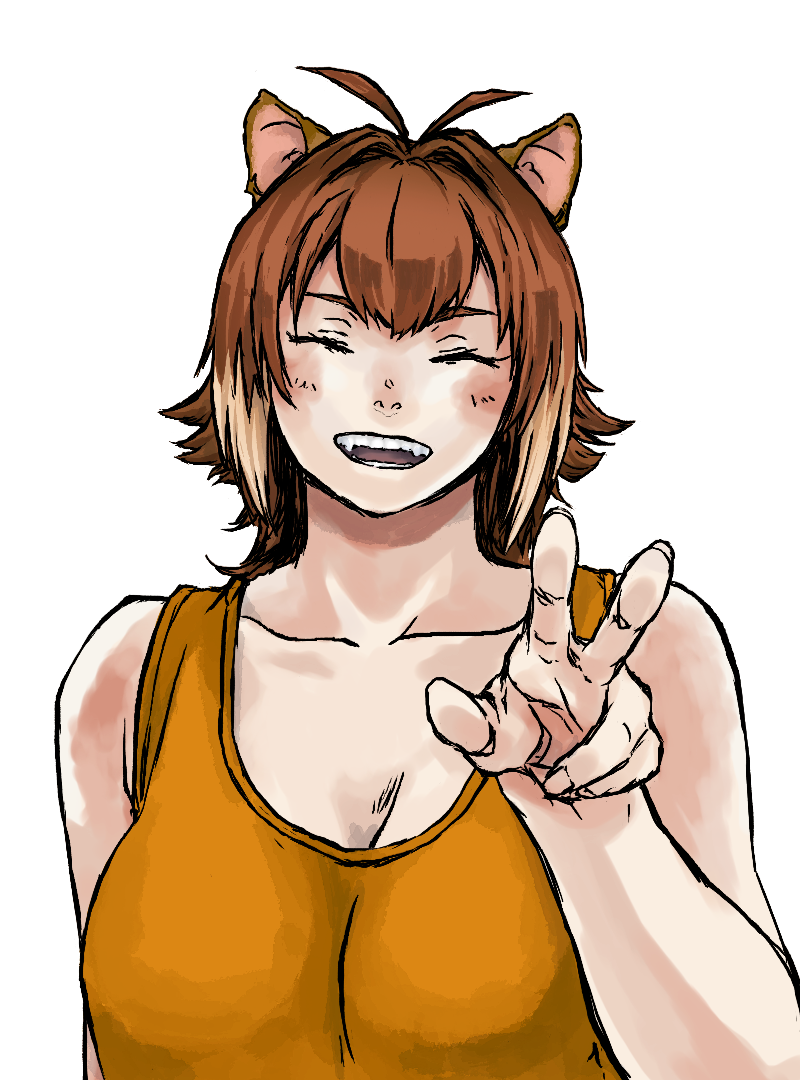 1girl, animal_ears, antenna_hair, blazblue, breasts, brown_hair, casual, closed_eyes