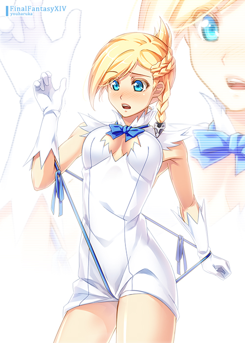1girl, blonde_hair, blue_eyes, blue_ribbon, blush, bowtie, braid, breasts