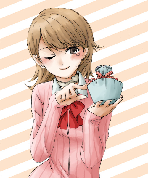 blush, brown_hair, cardigan, choker, gift, holding, holding_gift, m.yasuko