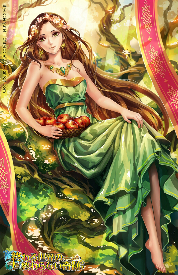 1girl, alice_jing, apple, barefoot, basket, brown_hair, dress, earrings