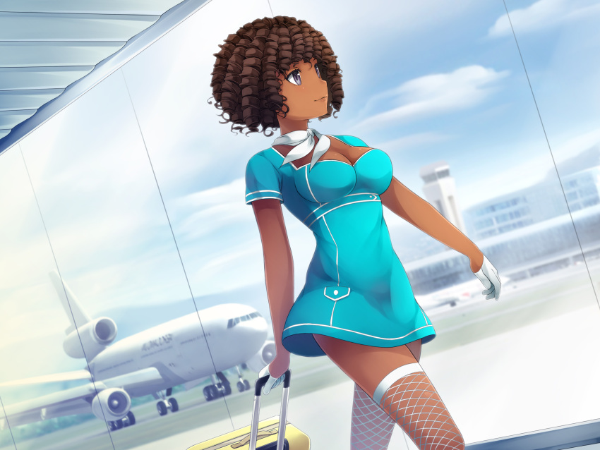1girl, airplane, airport, breasts, brown_hair, cleavage, dark_skin, dress