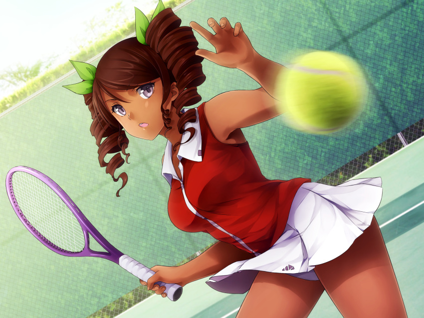 1girl, ball, breasts, brown_hair, chain-link_fence, dark_skin, drill_hair, dutch_angle