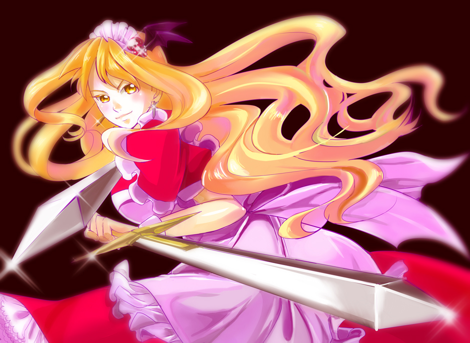 1girl, apron, blonde_hair, dual_wielding, earrings, hair_ornament, jewelry, looking_at_viewer, maid, maid_apron, maid_headdress, maro4, multiple_swords, sword, touhou, touhou_(pc-98), weapon, wings, yellow_eyes, yumeko