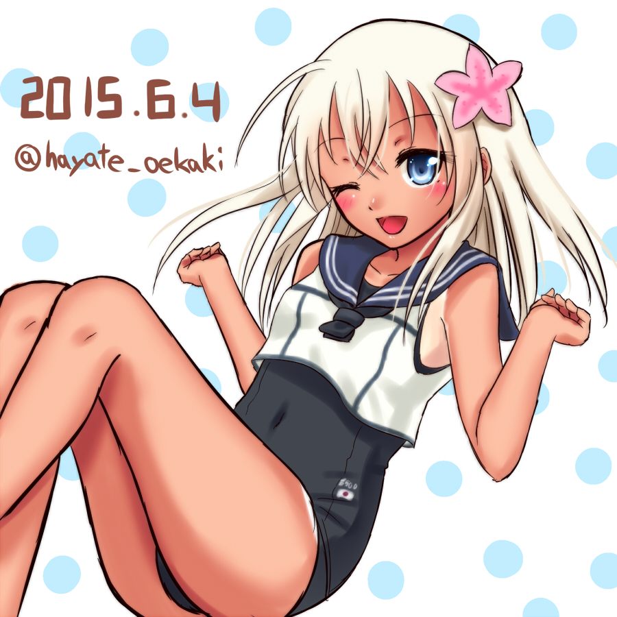 1girl, blonde_hair, blue_eyes, crop_top, flower, hair_flower, hair_ornament, hayate_(pixiv1185845)