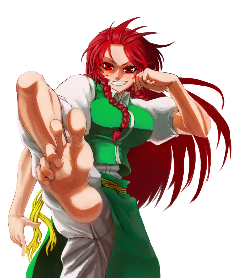 1girl, barefoot, braid, chinese_clothes, feet, foreshortening, grin, hong_meiling
