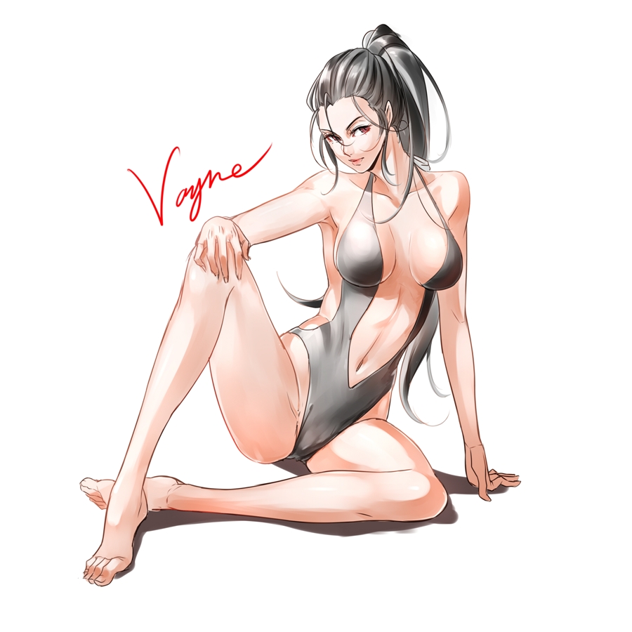 1girl, alternate_costume, arm_support, bare_legs, bare_shoulders, black_hair, breasts, hand_on_knee