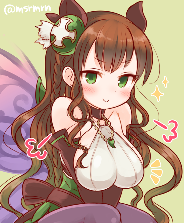1girl, :>, bare_shoulders, braid, breasts, brown_hair, butterfly_wings, green_eyes