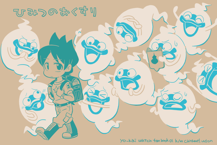 >_<, 1boy, ^_^, amano_keita, backpack, bag, blush, boots