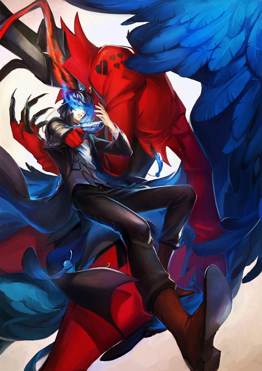 arsene_(persona_5), black_hair, feathers, gun, handgun, highres, kurusu_akira, mask