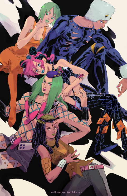 armband, black_hair, blue_lipstick, braid, chin_rest, double_bun, fishnets, foo_fighters, green_hair, green_lipstick, hairlocs, hat, hermes_costello, horns, jojo_no_kimyou_na_bouken, kuujou_jolyne, leslie_hung, lipstick, makeup, multicolored_hair, nail_polish, narciso_anasui, orange_nails, overalls, pink_hair, pink_lipstick, pink_nails, purple_hair, skirt, tattoo, turtleneck, two-tone_hair, watermark, weather_report, web_address, white_hair, wristband