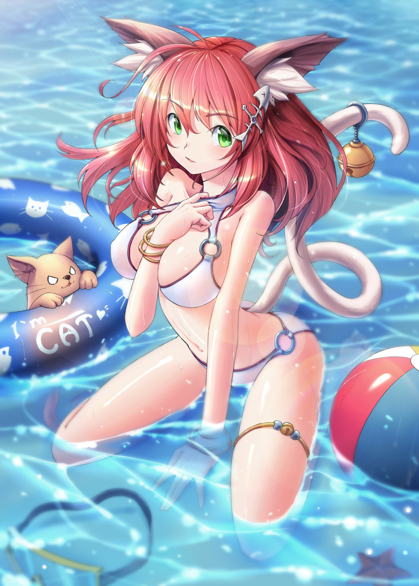 1girl, animal_ears, ball, beachball, bell, between_breasts, bikini, bracelet