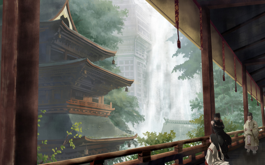 highres, japanese_clothes, miko, ninja, nyohoho, original, pagoda, scenery