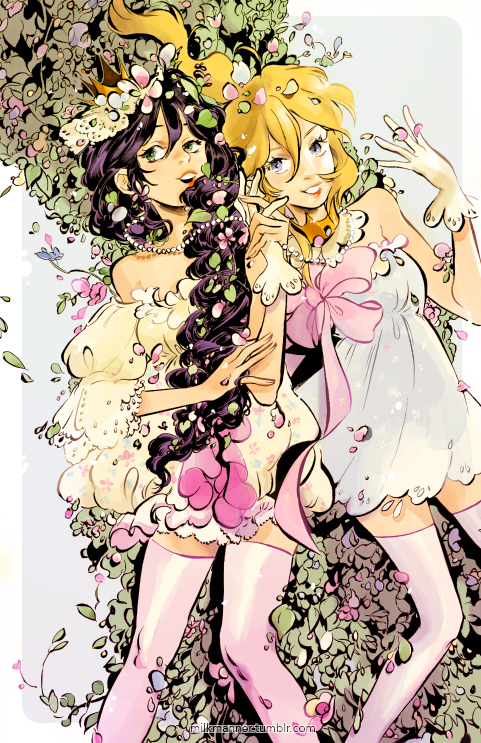 ayase_eli, black_hair, blonde_hair, border, bow, detached_sleeves, dress, flower