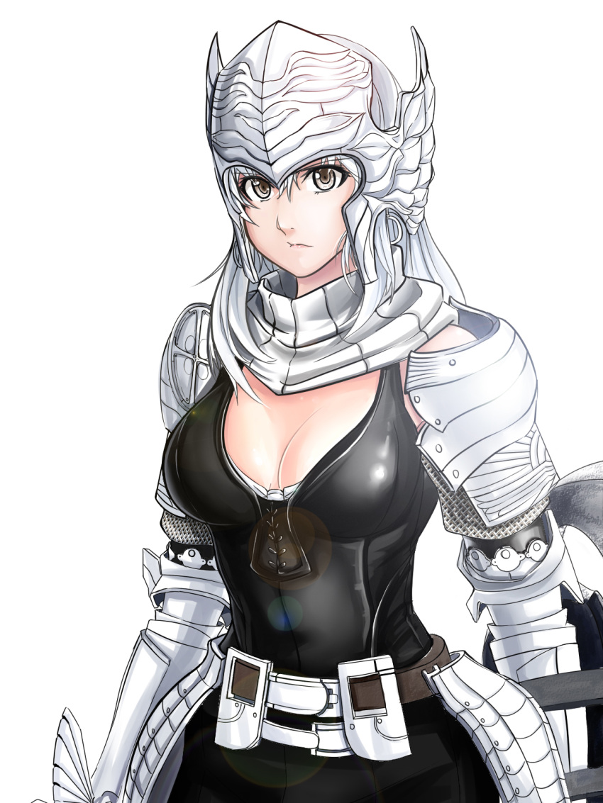 1girl, armor, belt, breasts, cleavage, fiona_(mabinogi), gauntlets, grey_eyes
