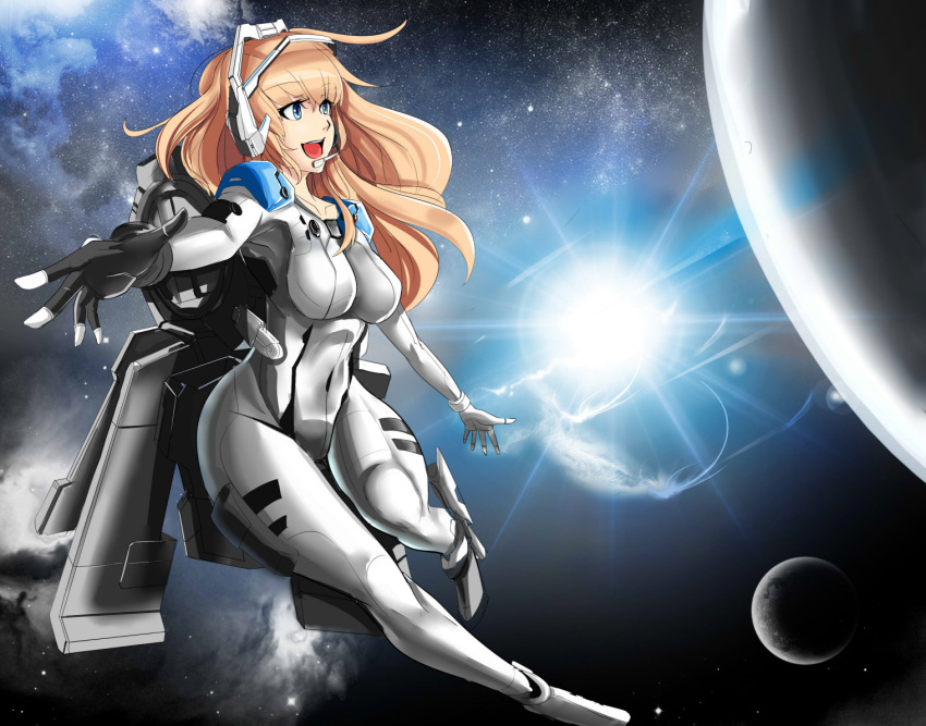 1girl, :d, blonde_hair, blue_eyes, covered_navel, gloves, long_hair, machinery
