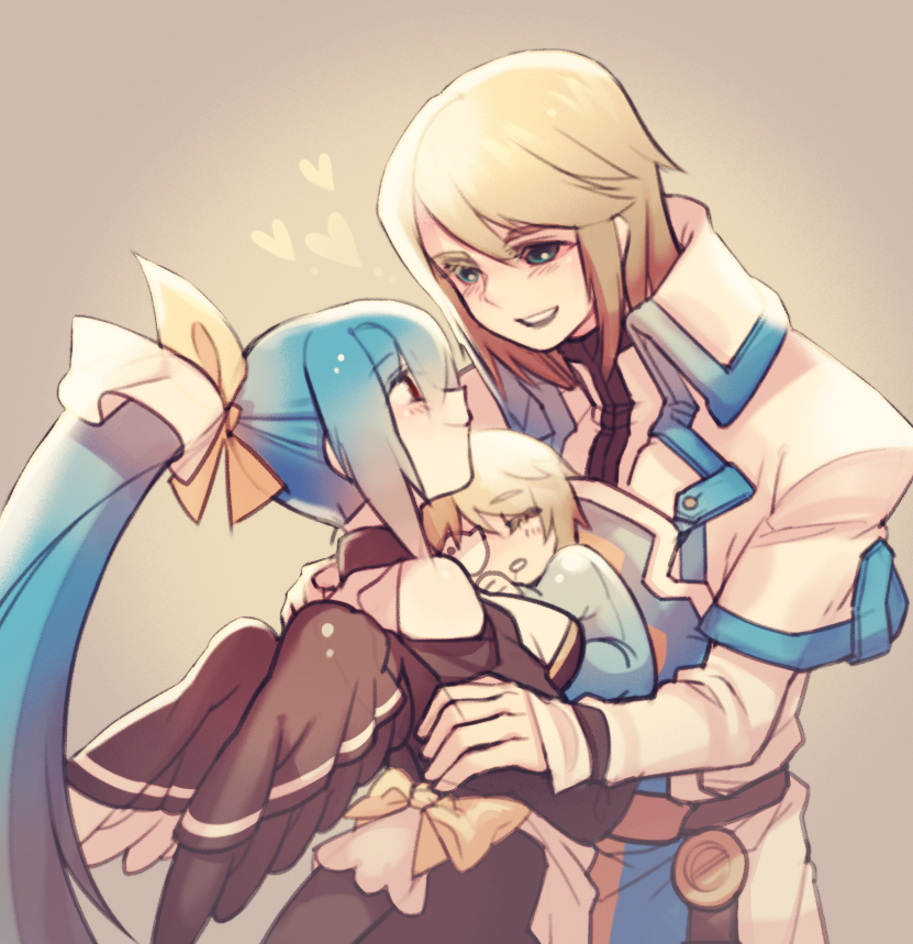 1girl, 2boys, blonde_hair, blue_eyes, blue_hair, dizzy, family, father_and_daughter, guilty_gear, guilty_gear_xrd, heart, husband_and_wife, ky_kiske, long_hair, mother_and_son, multiple_boys, ponytail, san_(winteroll), sin_kiske, wings