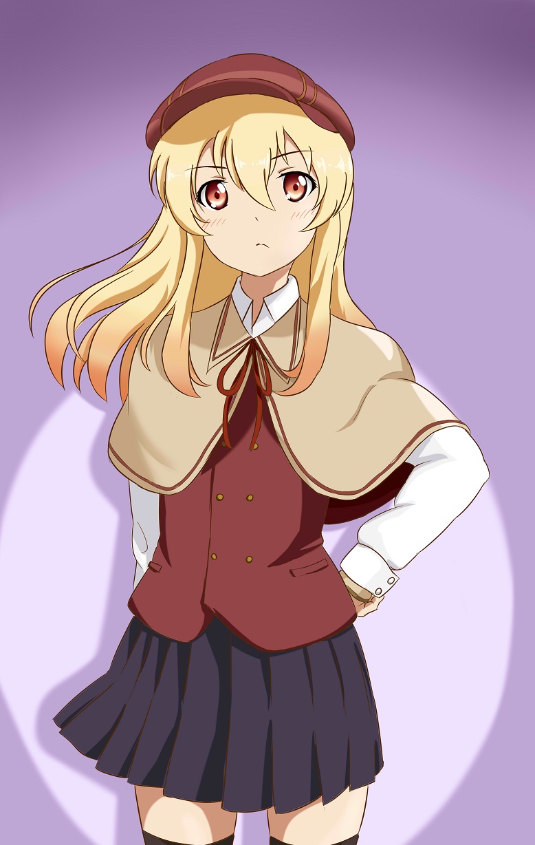 1girl, black_legwear, blonde_hair, cabbie_hat, capelet, gurio_(pixiv14624), hat, highres