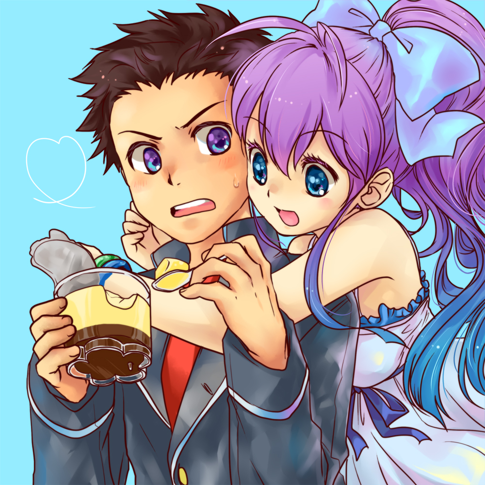 aibara_mitsuki, brown_hair, hair_ribbon, hug, hug_from_behind, jewelry, long_hair, pendant