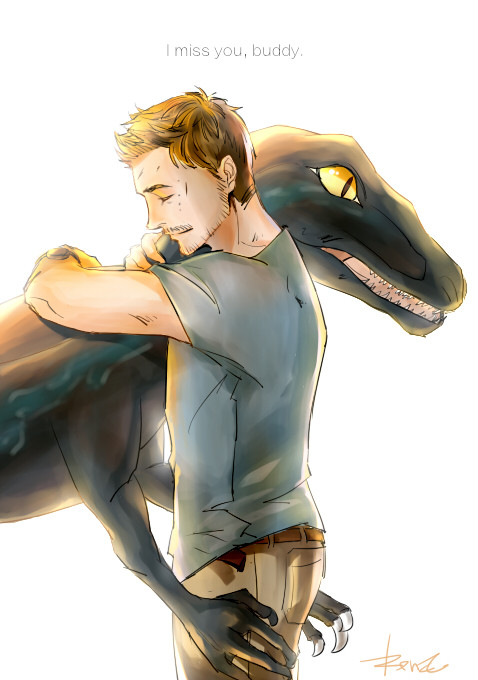 1boy, blue_(jurassic_park), brown_hair, dinosaur, english, facial_hair, hug, jurassic_park, jurassic_world, kemono_(kirkprise), owen_grady, short_hair, signature, simple_background, slit_pupils, stubble, t-shirt, white_background, yellow_eyes
