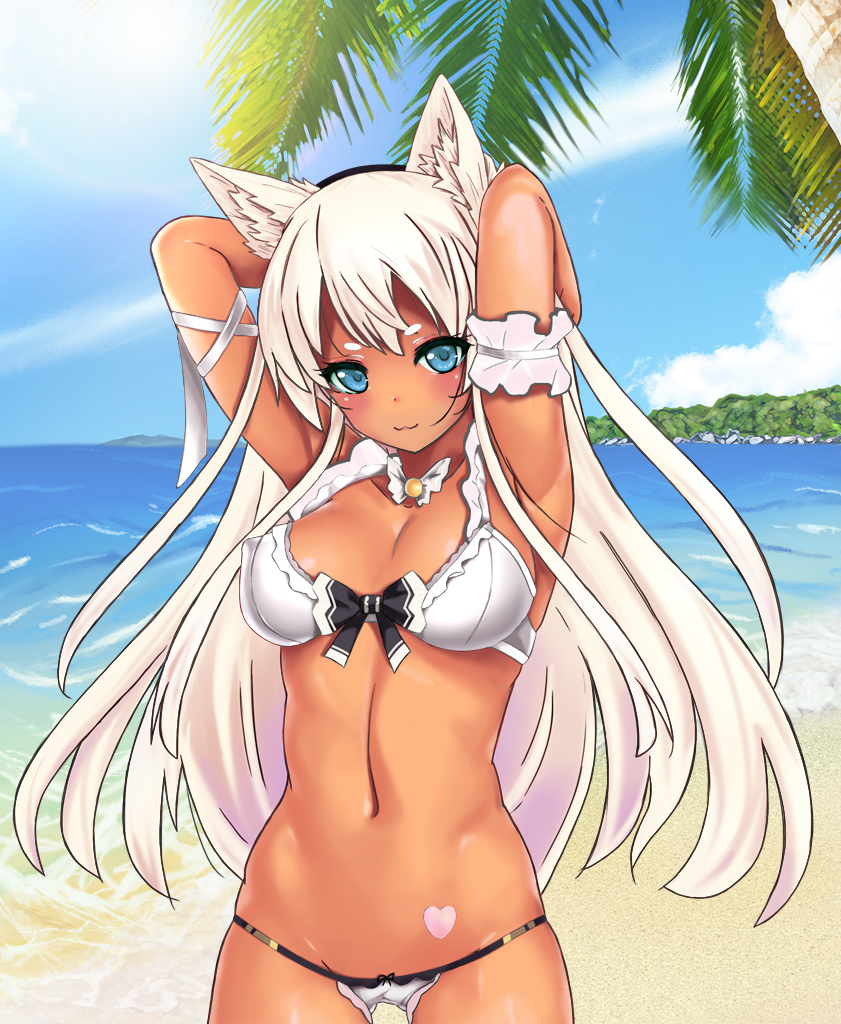 1girl, :3, animal_ears, arms_up, beach, bikini, blue_eyes, blush