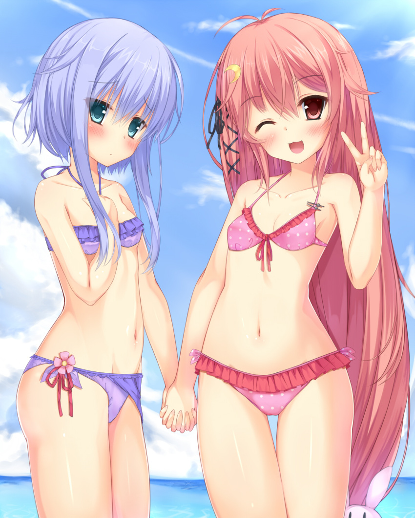 2girls, :3, absurdly_long_hair, antenna_hair, bikini, clouds, cowboy_shot, crescent_hair_ornament