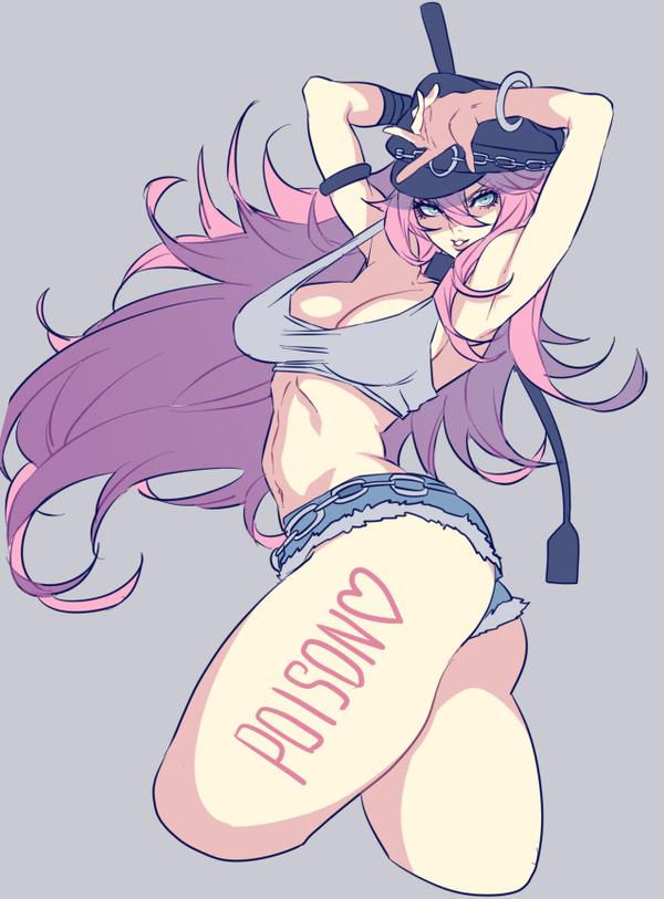 1girl, belt, blue_eyes, bracelet, breasts, character_name, cleavage, cropped_legs