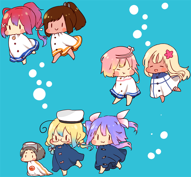 6+girls, :3, :d, ahoge, alternate_costume, blonde_hair, brown_hair, c: