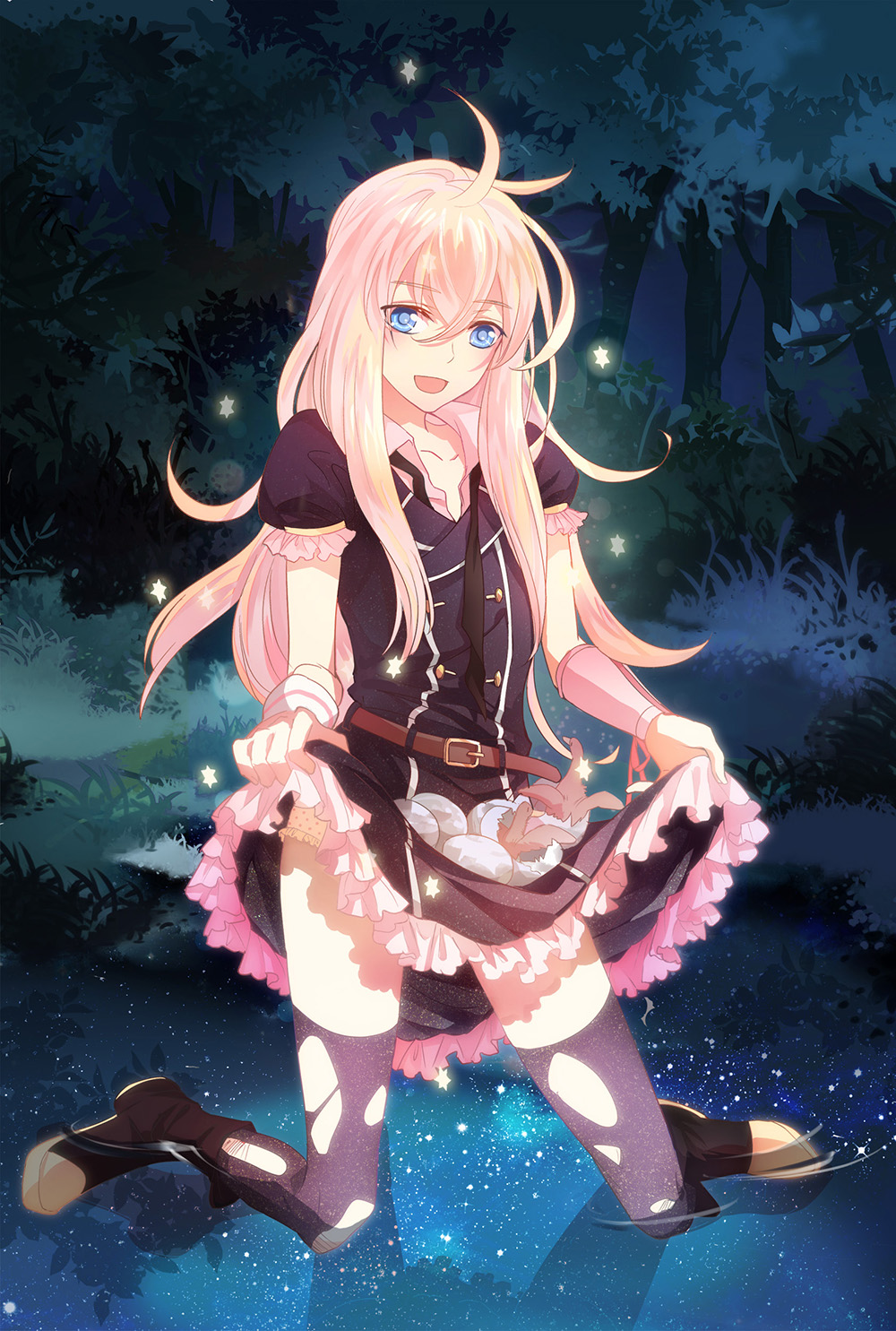 1boy, belt, bird, blonde_hair, blue_eyes, broken_egg, dress, egg