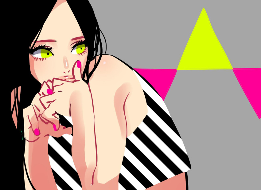 1girl, bare_shoulders, black_hair, highres, hohehohe, long_hair, nail_polish, original