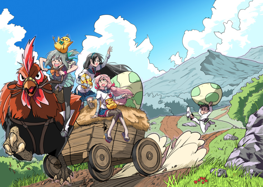 1boy, 3girls, admiral_(kantai_collection), akashi_(kantai_collection), animal, bird, black_hair, blue_eyes